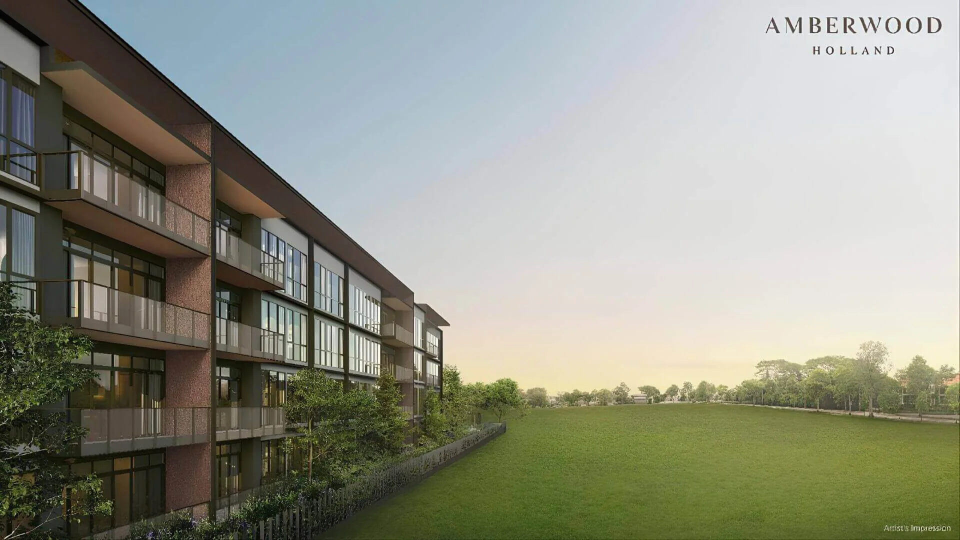 Artist's impression of Amberwood at Holland's Luxe blocks facing the future Community Plain
