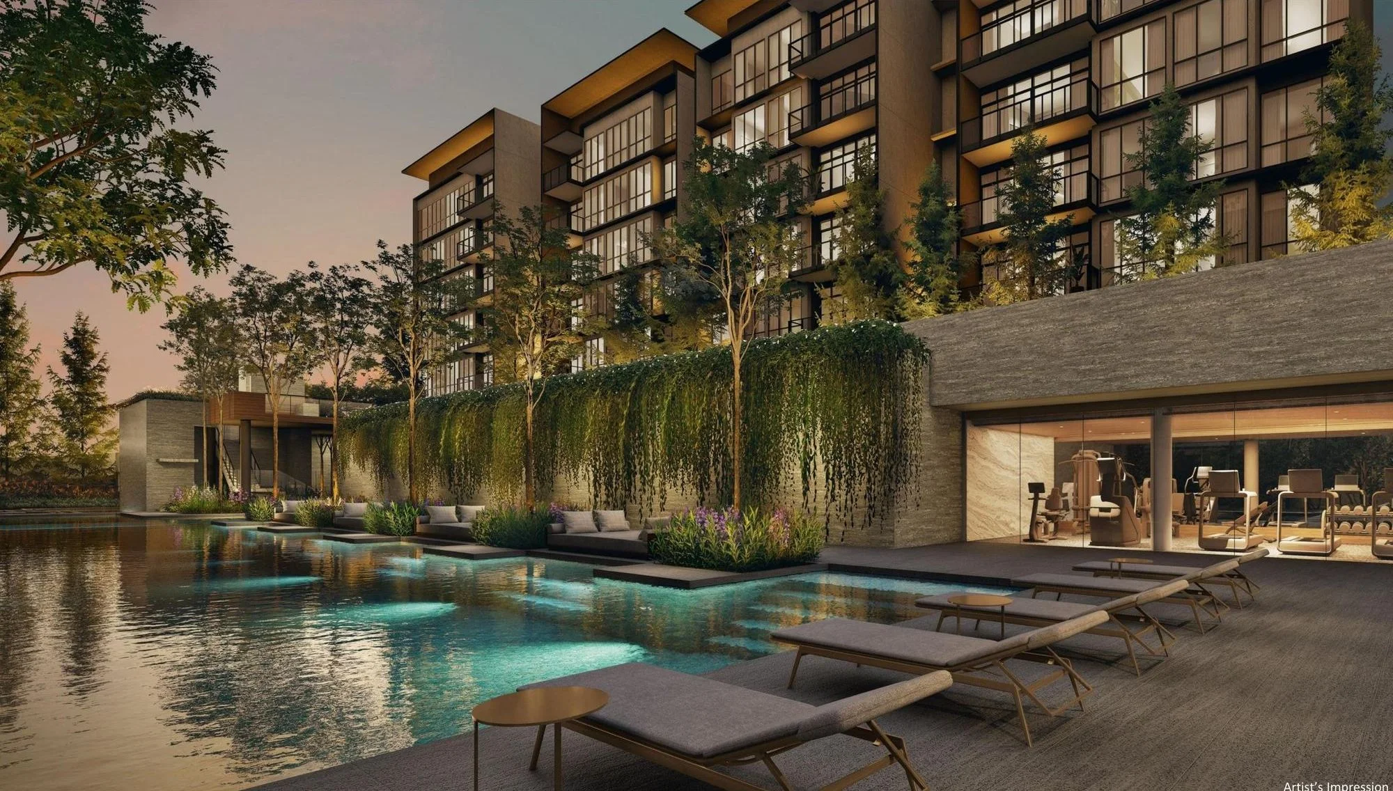 Amberwood at Holland pool and landscaped deck at dusk