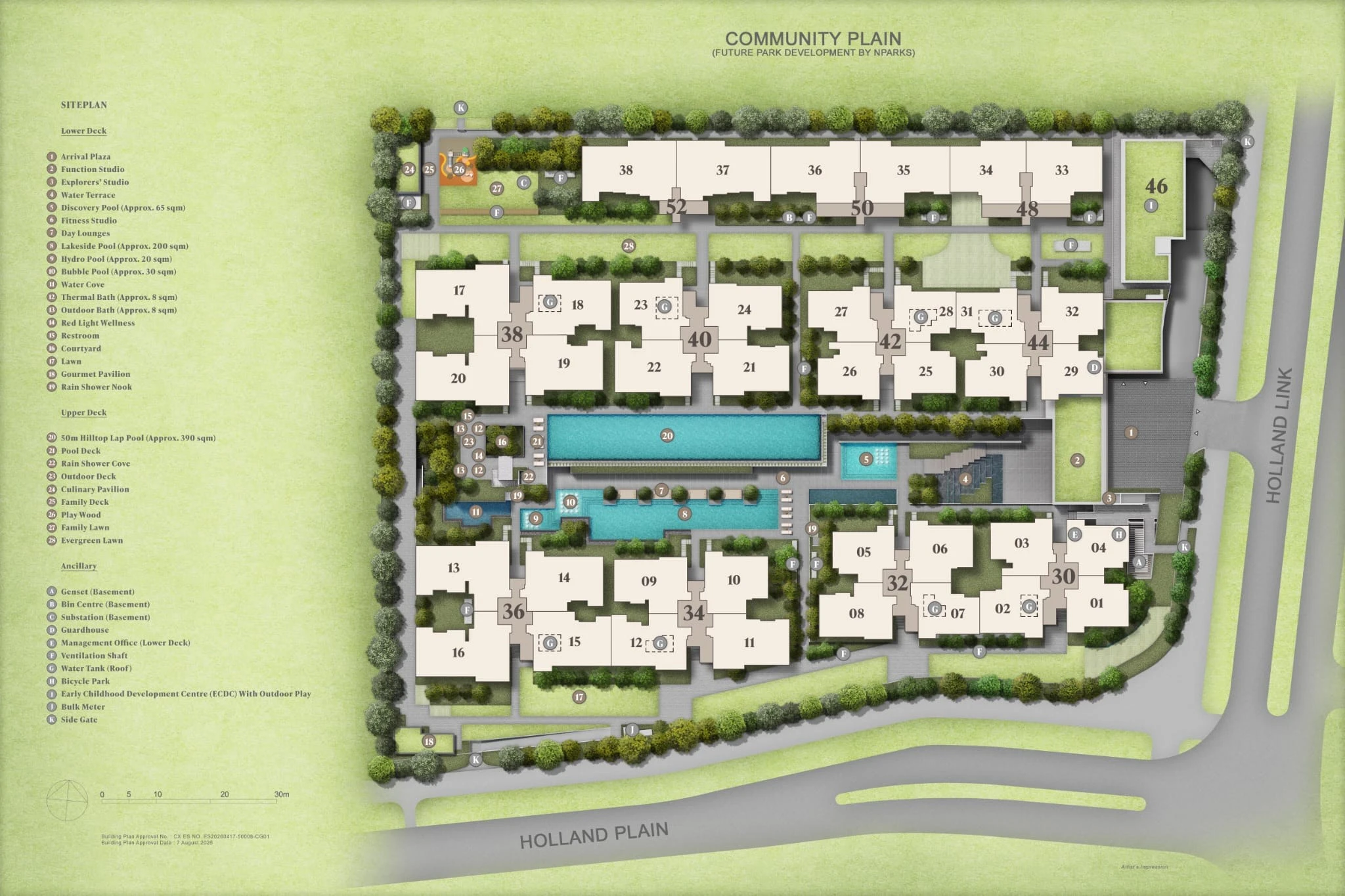Amberwood at Holland site plan showing 11 low-rise blocks and the lower and upper facility decks